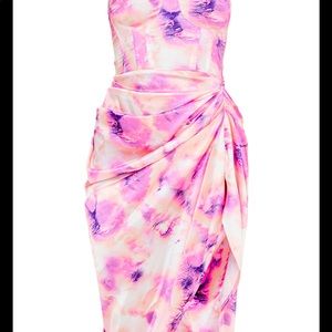 Lilac Tie Dye Print Satin Ruched Skirt Corset Detail Midi Dress